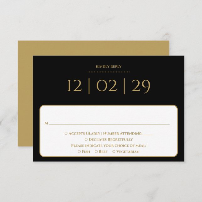 Cartão RSVP Casamento de Data Especial Simples Preto E Dourado (Frente/Verso)
