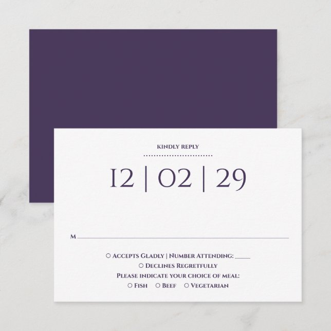 Cartão RSVP Casamento de Data Especial Simples Roxa (Frente/Verso)