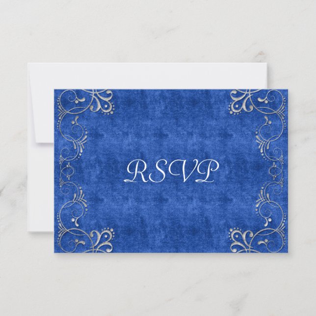 Cartão RSVP Casamento de Deco de Veludo Azul e Branco (Frente)