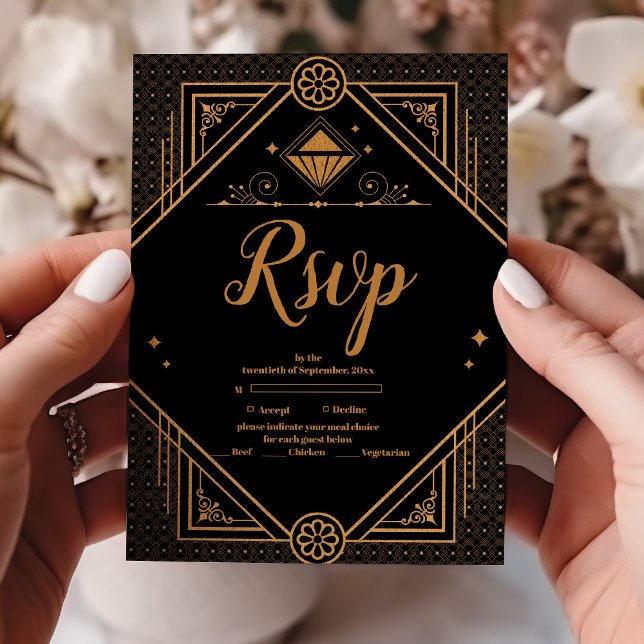 Cartão RSVP Casamento de Deco Geométrico Dourado Elegante Pret (Criador carregado)