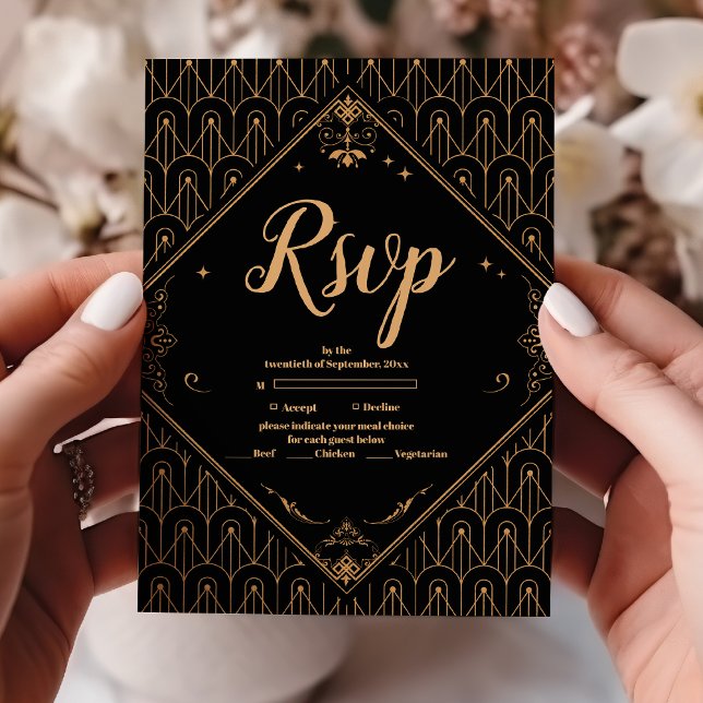 Cartão RSVP Casamento de Deco Geométrico Dourado Elegante Pret (Criador carregado)