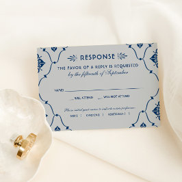 Cartão RSVP Casamento de Deco Marinho Azul e Arte Prateada