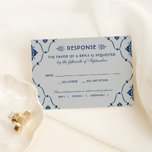 Cartão RSVP Casamento de Deco Marinho Azul e Arte Prateada