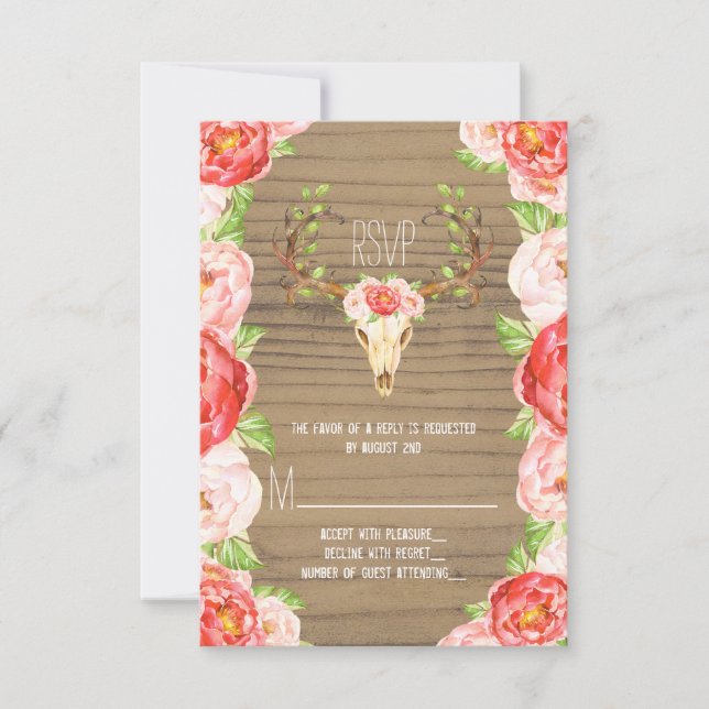 Cartão RSVP Casamento de Deer Antler Rustic Wood Southwestern (Frente)