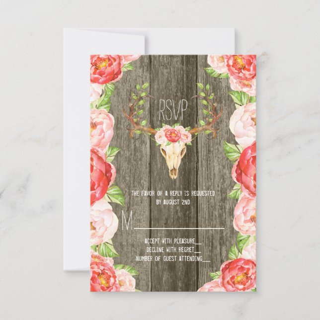 Cartão RSVP Casamento de Deer Antler Rustic Wood Southwestern (Frente)