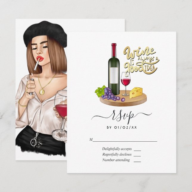 Cartão RSVP Casamento de Degustação de Vinho Francês para Meni (Frente/Verso)