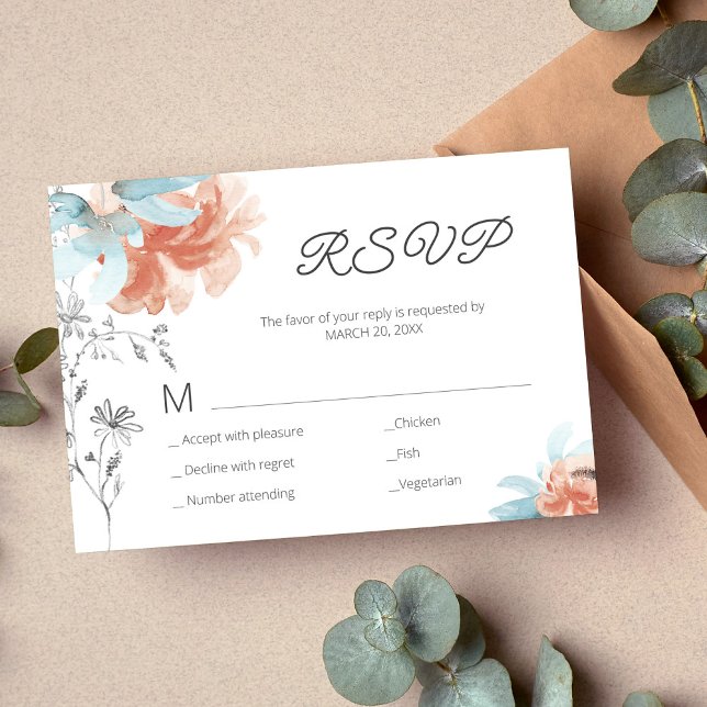 Cartão RSVP Casamento de desenho elegante floral moderno (Criador carregado)