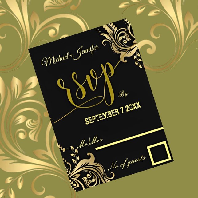 Cartão RSVP Casamento De Design Dourado E Preto Elegante (Criador carregado)