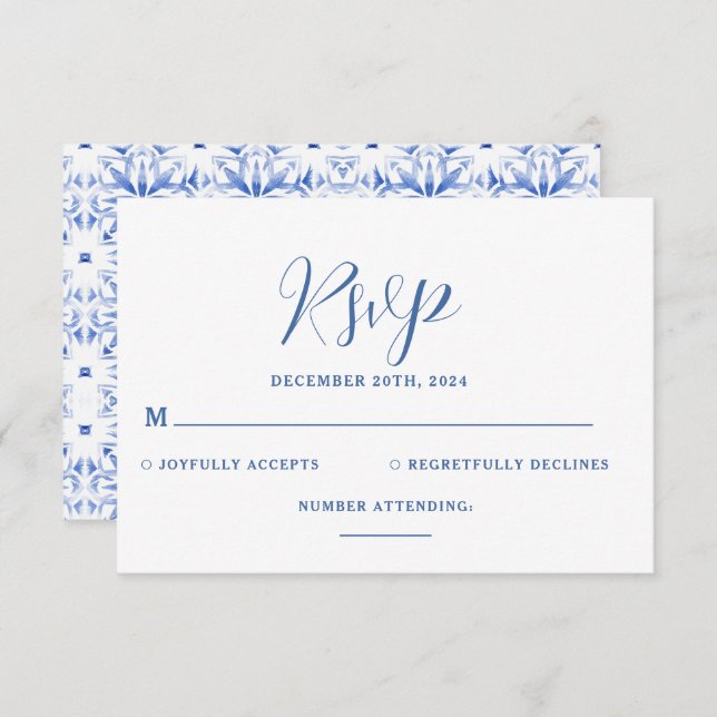 Cartão RSVP Casamento de Destino da Grécia Blue Santorini (Frente/Verso)