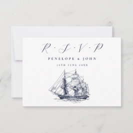 Cartão RSVP Casamento de Destino de Ilustração de Navio Náutic