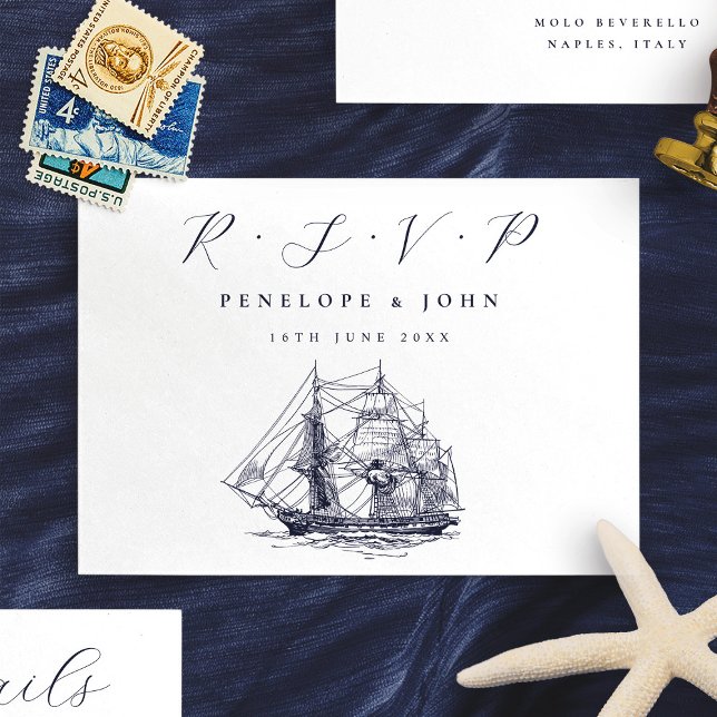 Cartão RSVP Casamento de Destino de Ilustração de Navio Náutic (Nautical Ship Illustration Destination Wedding RSVP Card)