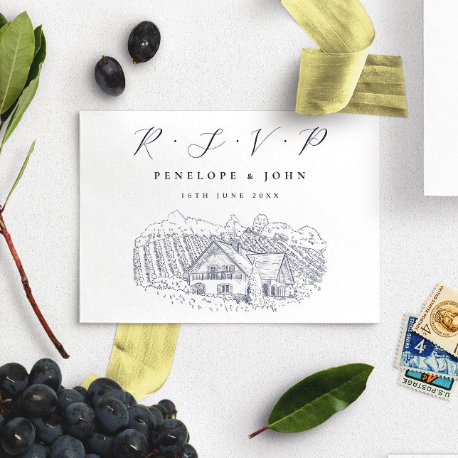 Cartão RSVP Casamento de Destino de Ilustração de Vineyard Ele (Elegant Vineyard Illustration Destination Wedding RSVP Card)