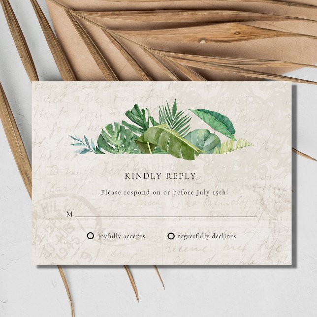 Cartão RSVP Casamento de Destino de Praia com Papel de Folha T (Tropical Leaf Aged Paper Beach Destination Wedding RSVP Card)