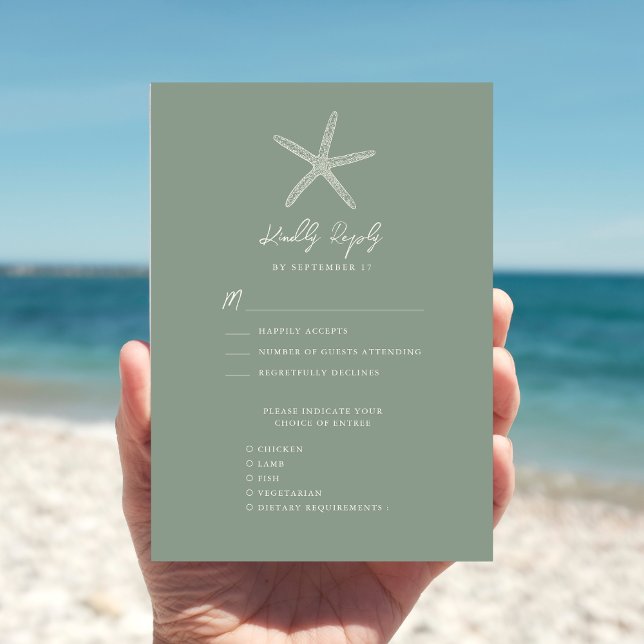Cartão RSVP Casamento de Destino de Praia de Sage Green Starfi (Criador carregado)