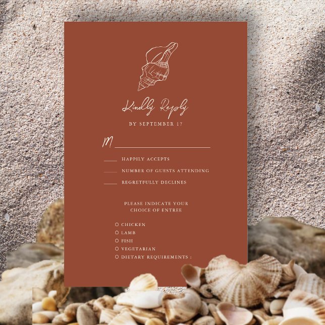 Cartão RSVP Casamento de Destino de Praia de Terracotta Seashe (Criador carregado)