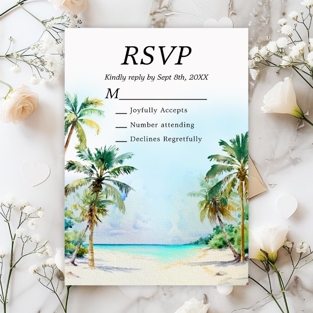 Cartão RSVP Casamento de Destino de Praia Tropical (Criador carregado)