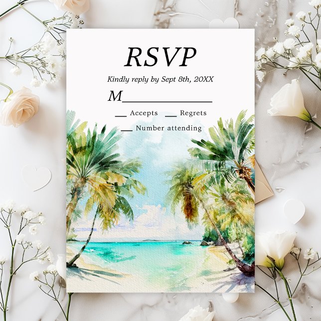 Cartão RSVP Casamento de Destino de Praia Tropical (Criador carregado)