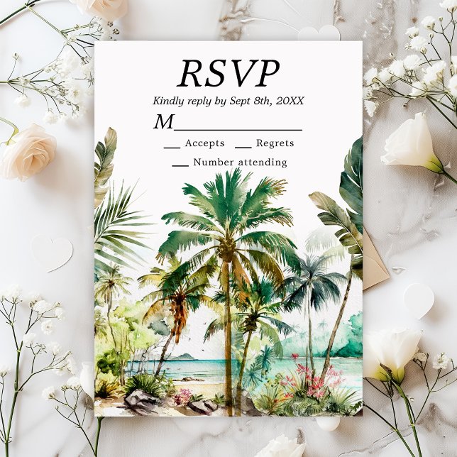 Cartão RSVP Casamento de Destino de Praia Tropical (Criador carregado)