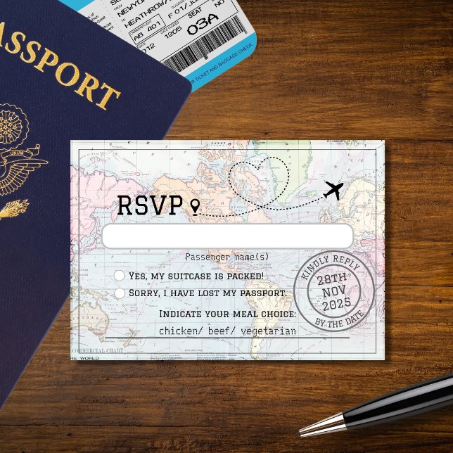 Cartão RSVP Casamento de Destino do Passaporte do Mapa Mundial (Criador carregado)