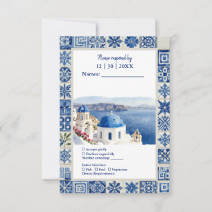 Cartão RSVP Casamento de Destino em Santorini com Azulejos Azu