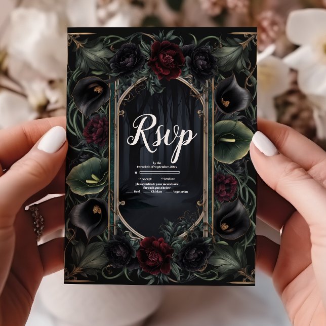 Cartão RSVP Casamento de Dia das Bruxas Florais de Rosas Negra (Criador carregado)