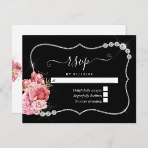 Cartão RSVP Casamento de Diamantes Florais Dourados e Prateado