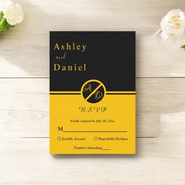 Cartão RSVP Casamento De Dourado Monograma E Preto De Luxo Ele (Criador carregado)