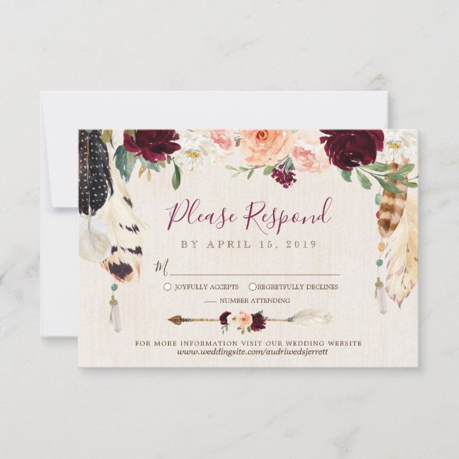 Cartão RSVP Casamento de Dream Catcher Moon Peach & Burgundy B (Frente)