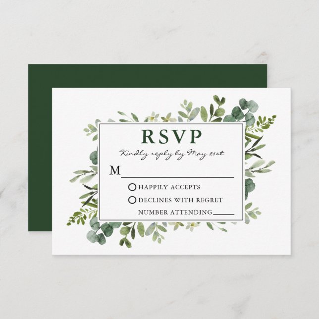Cartão RSVP Casamento de Elegante Aquarela Verde Botânico (Frente/Verso)