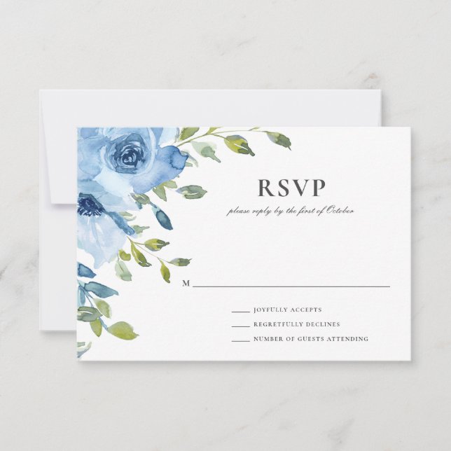 Cartão RSVP Casamento de Elegante Blue Floral Greenery (Frente)