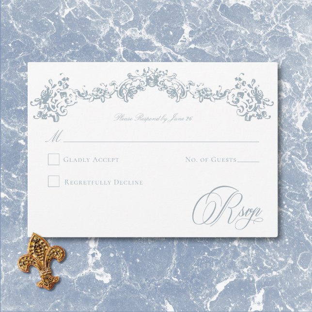 Cartão RSVP Casamento de Elegante Dusty Blue Chinoiserie Cheru (Elegant Dusty Blue Chinoiserie Cherub Wedding RSVP Card)