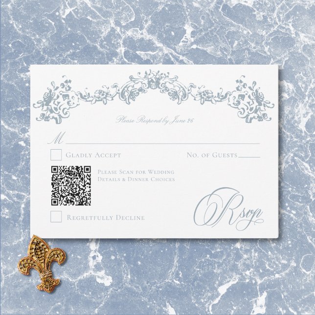 Cartão RSVP Casamento de Elegante Dusty Blue Chinoiserie Cheru (Elegant Dusty Blue Chinoiserie Cherub Wedding QR RSVP Card)