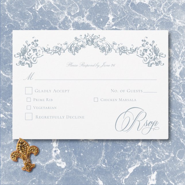 Cartão RSVP Casamento de Elegante Dusty Blue Chinoiserie Cheru (Elegant Dusty Blue Chinoiserie Cherub Wedding RSVP Card)