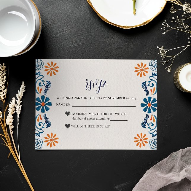 Cartão RSVP Casamento de Elegante Fiesta Floral Azul Mexicano (Mexican Blue Orange Floral Elegant Fiesta Wedding RSVP Card)