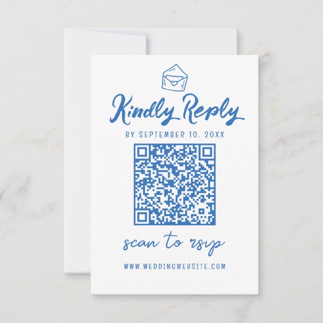 Cartão RSVP Casamento de Envelope Azul com Código QR de Script (Frente)