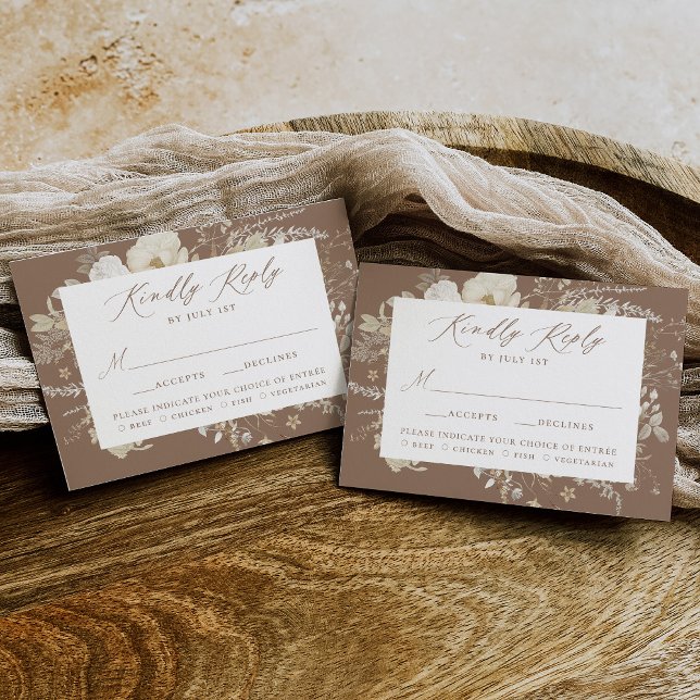 Cartão RSVP Casamento de Escolha de Refeições Castanho Floral  (Criador carregado)