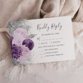 Cartão RSVP Casamento de Escolha de Refeições de Prata Roxo Fl