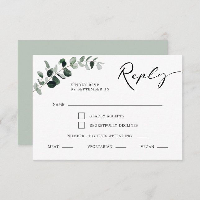 Cartão RSVP Casamento de Escolha de Refeições Eucalyptus Calli (Frente/Verso)