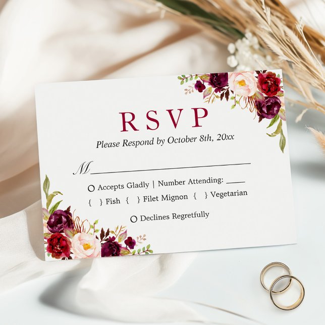 Cartão RSVP Casamento de Escolha de Refeições Florais Vermelha (Criador carregado)