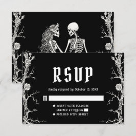 Cartão RSVP Casamento de Esqueletos de Halloween Gótico Preto