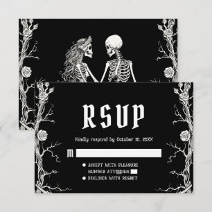 Cartão RSVP Casamento de Esqueletos de Halloween Gótico Preto
