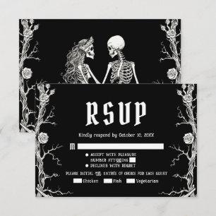 Cartão RSVP Casamento de Esqueletos de Halloween Gótico Preto