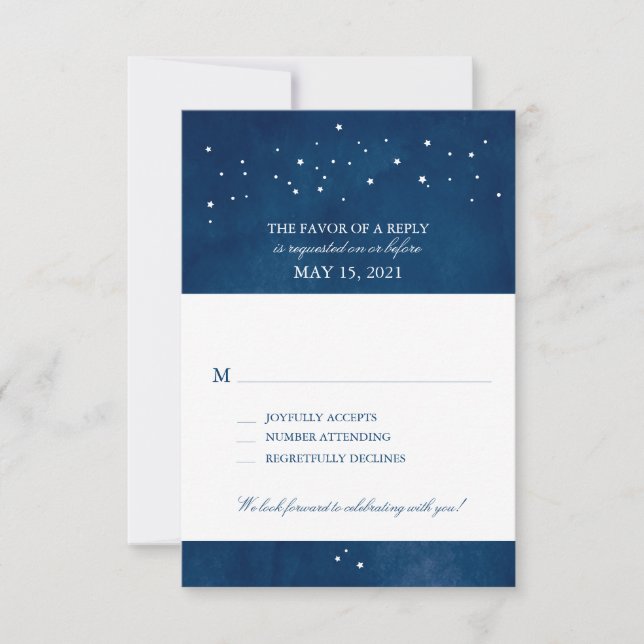 Cartão RSVP Casamento de Estrela Cadente Azul Marinho Aguarela (Frente)