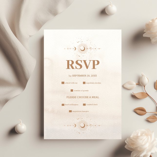 Cartão RSVP Casamento de Estrelas Celestiais Douradas Místicas (Criador carregado)