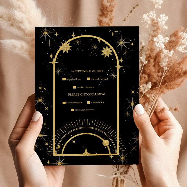 Cartão RSVP Casamento de Estrelas Celestiais Douradas Místicas (Criador carregado)
