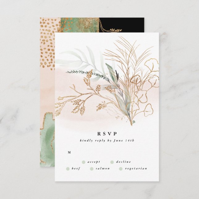 Cartão RSVP Casamento de Eucalyptus Dourado Premium Black (Frente/Verso)