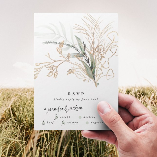 Cartão RSVP Casamento de Eucalyptus Dourado Premium Black (Criador carregado)