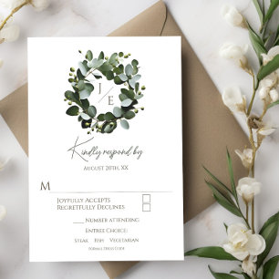 Cartão RSVP Casamento de Eucalyptus Wreath, Monograma Moderno 