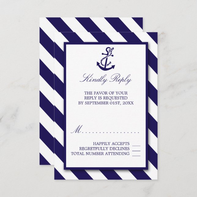 Cartão RSVP Casamento de faixas e âncoras azuis Marinhos (Frente/Verso)