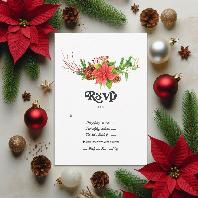 Cartão RSVP Casamento de Férias de Natal da Retro Poinsettia (Retro Poinsettia Christmas Holiday Wedding RSVP Card)